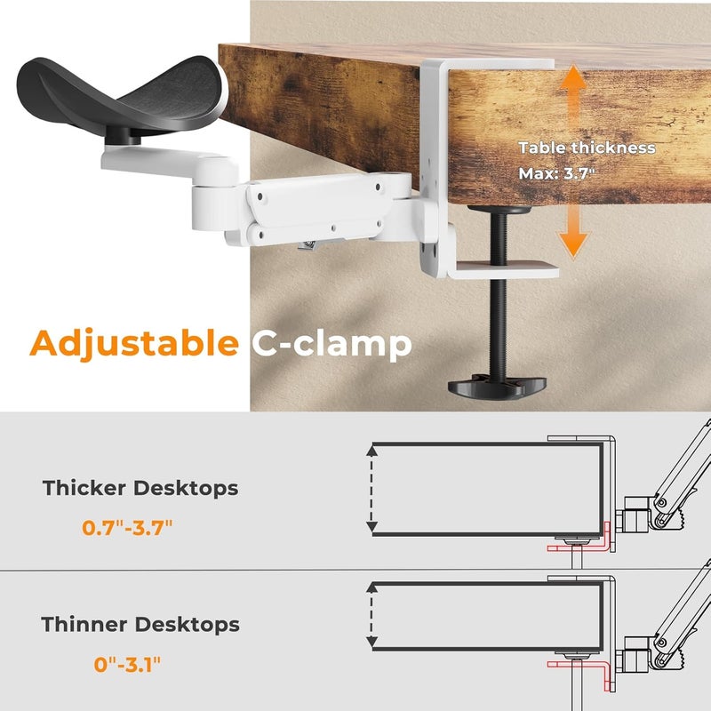 JOY worker Universal Clamp-on Adjustable Armrest, Ergonomic 360° Rotating Elbow Rest Pad for Desk, 6-Level Height Desk Arm Support for Thicker Desktop, Left/Right Hand, White - Image 5